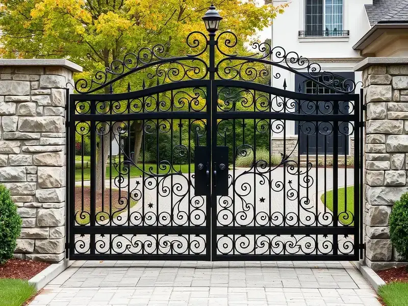 Custom ornamental iron gate with decorative scrollwork for residential property