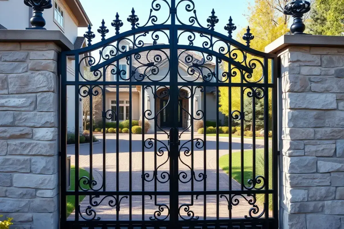Custom ornamental iron gate with decorative scrollwork and finials