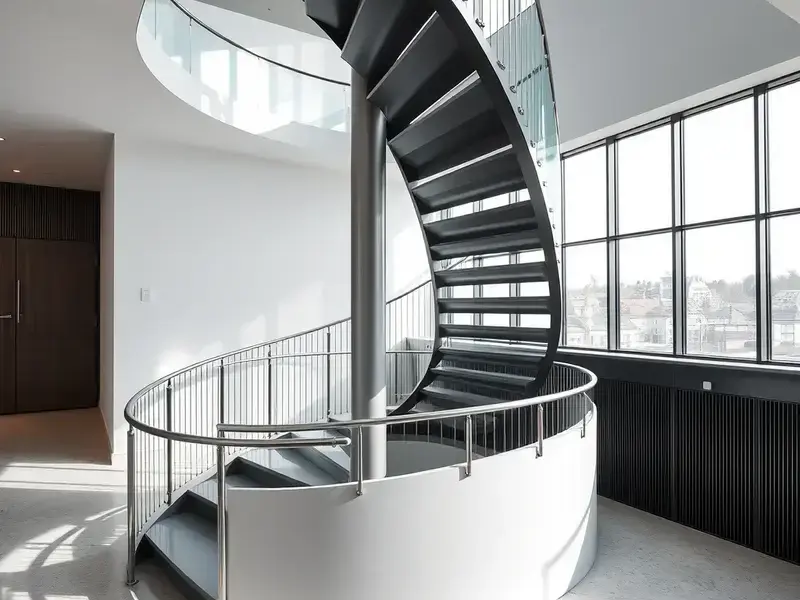 Modern metal and glass spiral staircase installation