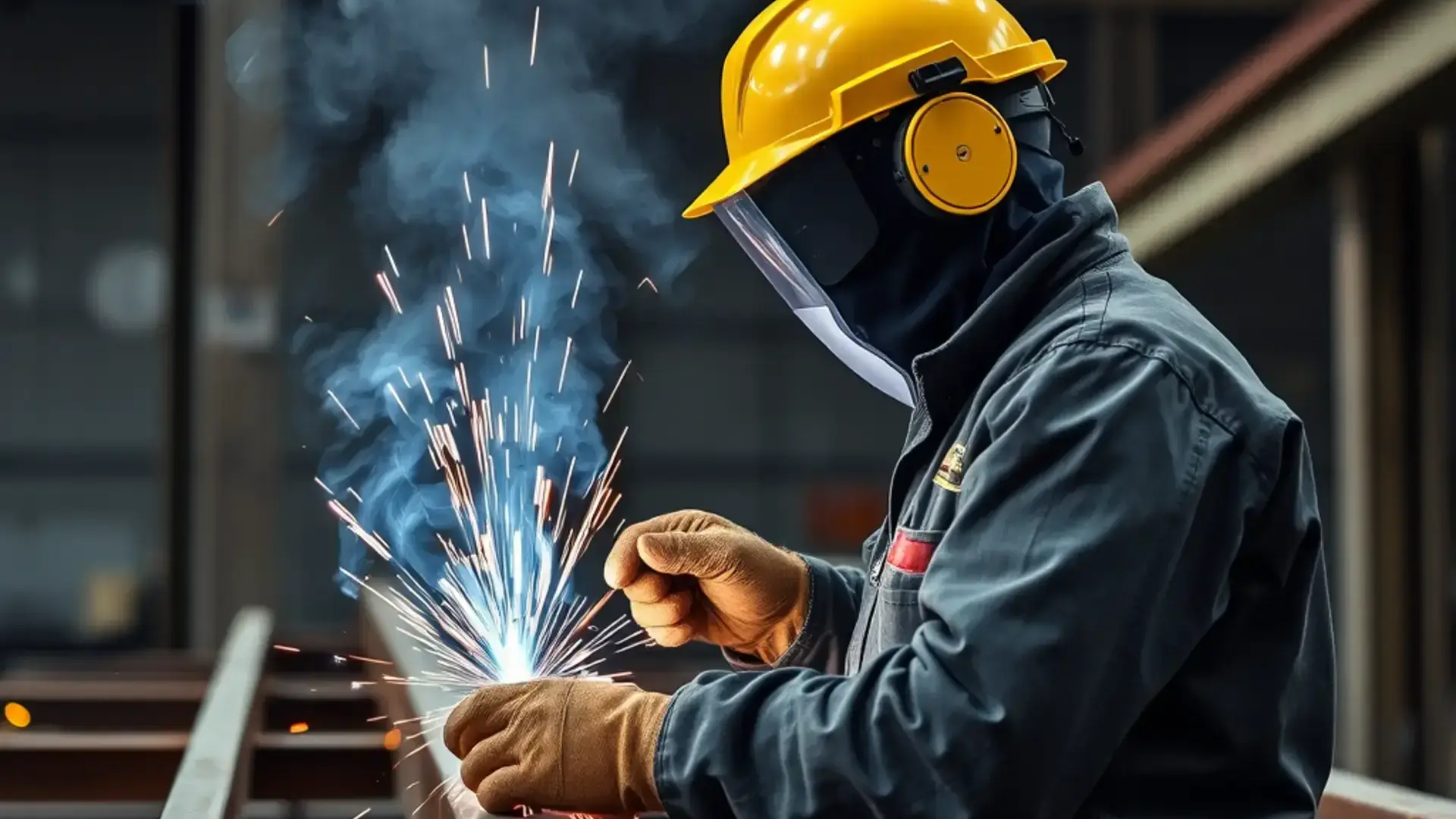 Professional welder working on structural steel in industrial workshop