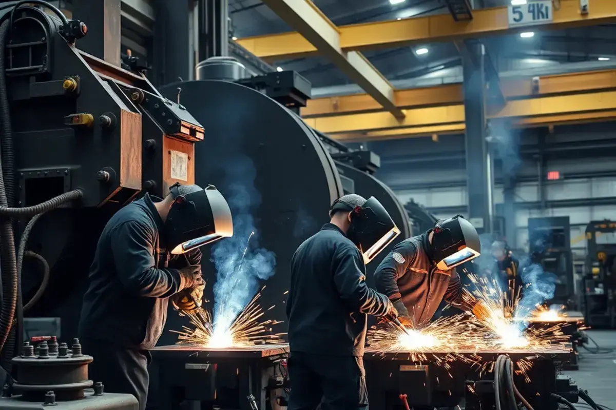 Industrial welding team working on large manufacturing equipment