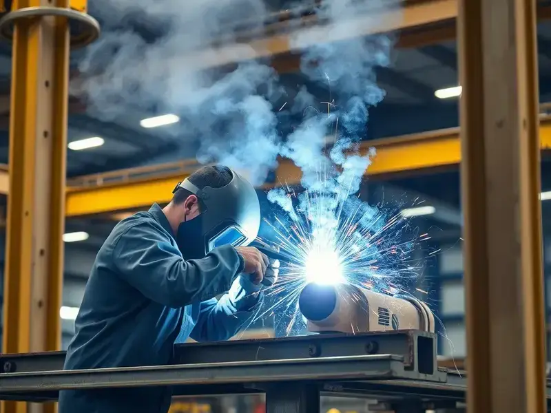 Industrial welding project showing large metal structure being welded in manufacturing facility
