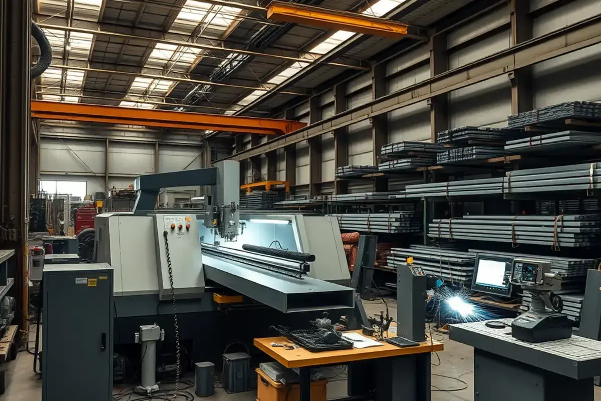 Structural steel fabrication shop with CNC cutting and beam processing equipment