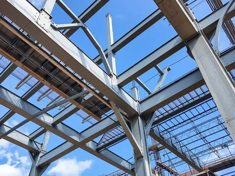 Large structural steel framework for commercial building under construction